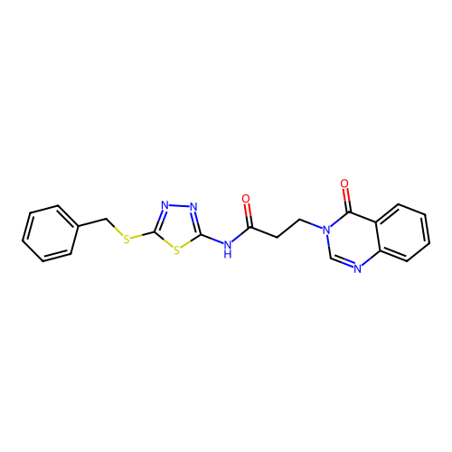 N-(5-benzylsulfanyl-1,3,4-thiadiazol-2-yl)-3-(4-oxoquinazolin-3-yl)propanamide structure