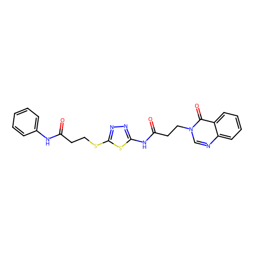 N-(5-{[3-oxo-3-(phenylamino)propyl]sulfanyl}-1,3,4-thiadiazol-2-yl)-3-(4-oxoquinazolin-3(4H)-yl)propanamide structure