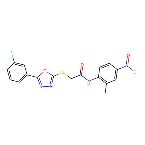 2-[[5-(3-fluorophenyl)-1,3,4-oxadiazol-2-yl]sulfanyl]-N-(2-methyl-4-nitrophenyl)acetamide structure