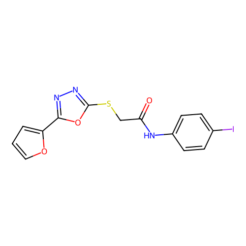 2-[[5-(furan-2-yl)-1,3,4-oxadiazol-2-yl]sulfanyl]-N-(4-iodophenyl)acetamide structure