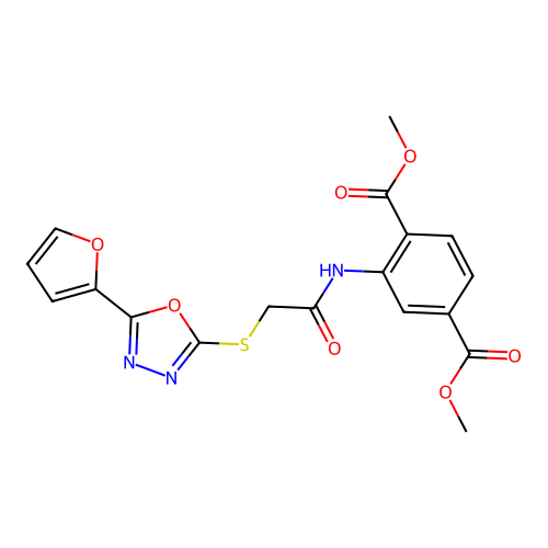 dimethyl 2-(2-((5-(furan-2-yl)-1,3,4-oxadiazol-2-yl)thio)acetamido)terephthalate structure