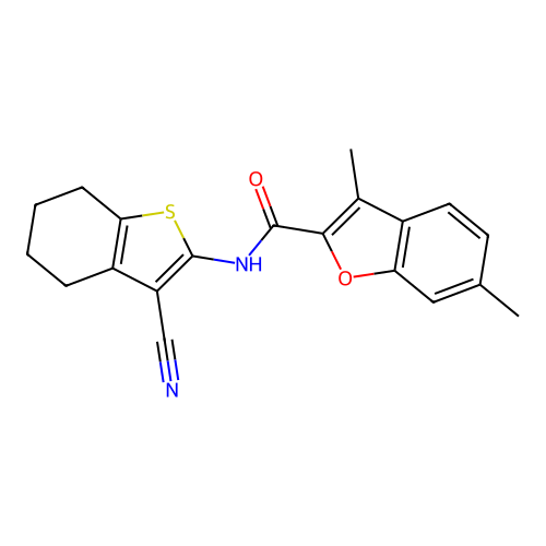 N-(3-cyano-4,5,6,7-tetrahydro-1-benzothiophen-2-yl)-3,6-dimethyl-1-benzofuran-2-carboxamide structure