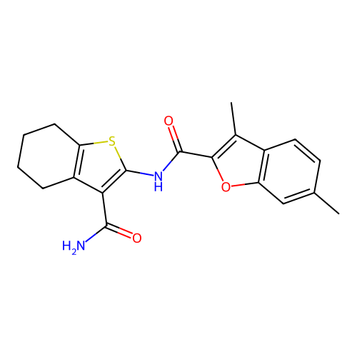 N-(3-carbamoyl-4,5,6,7-tetrahydro-1-benzothiophen-2-yl)-3,6-dimethyl-1-benzofuran-2-carboxamide structure