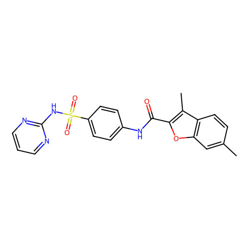 3,6-dimethyl-N-[4-(pyrimidin-2-ylsulfamoyl)phenyl]-1-benzofuran-2-carboxamide structure