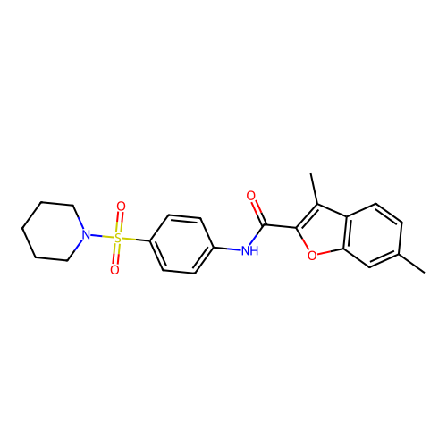3,6-dimethyl-N-[4-(piperidin-1-ylsulfonyl)phenyl]-1-benzofuran-2-carboxamide structure