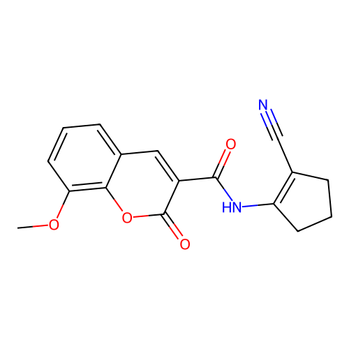 N-(2-cyanocyclopent-1-en-1-yl)-8-methoxy-2-oxo-2H-chromene-3-carboxamide structure