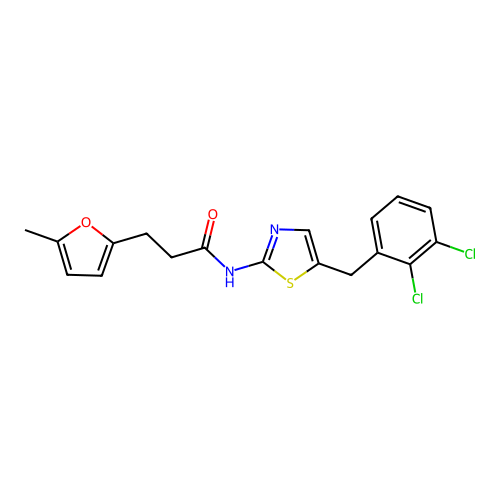 N-[5-[(2,3-dichlorophenyl)methyl]-1,3-thiazol-2-yl]-3-(5-methylfuran-2-yl)propanamide structure