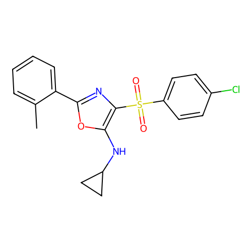 4-((4-chlorophenyl)sulfonyl)-N-cyclopropyl-2-(o-tolyl)oxazol-5-amine structure