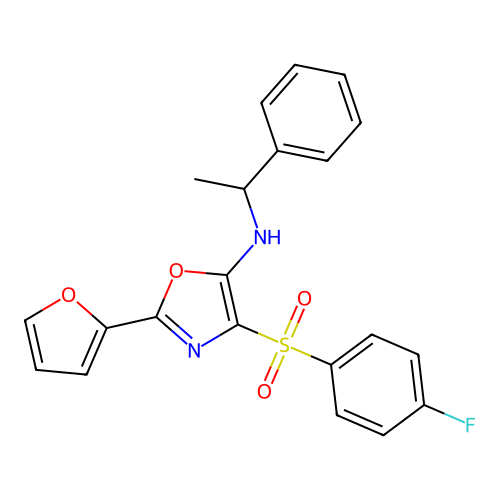 4-((4-fluorophenyl)sulfonyl)-2-(furan-2-yl)-N-(1-phenylethyl)oxazol-5-amine structure