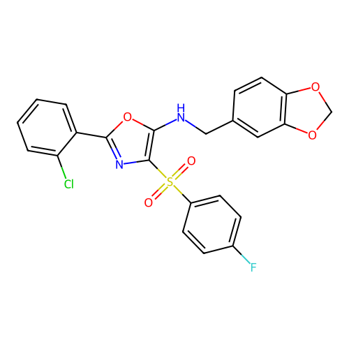 N-(1,3-benzodioxol-5-ylmethyl)-2-(2-chlorophenyl)-4-[(4-fluorophenyl)sulfonyl]-1,3-oxazol-5-amine structure