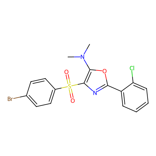 4-(4-bromophenyl)sulfonyl-2-(2-chlorophenyl)-N,N-dimethyl-1,3-oxazol-5-amine structure