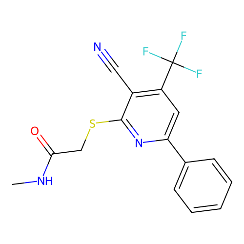 2-((3-cyano-6-phenyl-4-(trifluoromethyl)pyridin-2-yl)thio)-N-methylacetamide structure