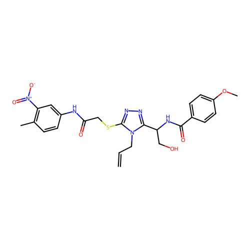 N-{2-hydroxy-1-[5-({2-[(4-methyl-3-nitrophenyl)amino]-2-oxoethyl}sulfanyl)-4-(prop-2-en-1-yl)-4H-1,2,4-triazol-3-yl]ethyl}-4-methoxybenzamide structure