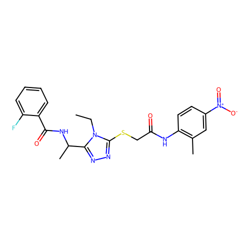 N-{1-[4-ethyl-5-({2-[(2-methyl-4-nitrophenyl)amino]-2-oxoethyl}sulfanyl)-4H-1,2,4-triazol-3-yl]ethyl}-2-fluorobenzamide structure
