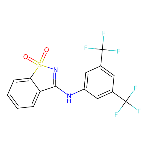N-[3,5-bis(trifluoromethyl)phenyl]-1,2-benzothiazol-3-amine 1,1-dioxide structure