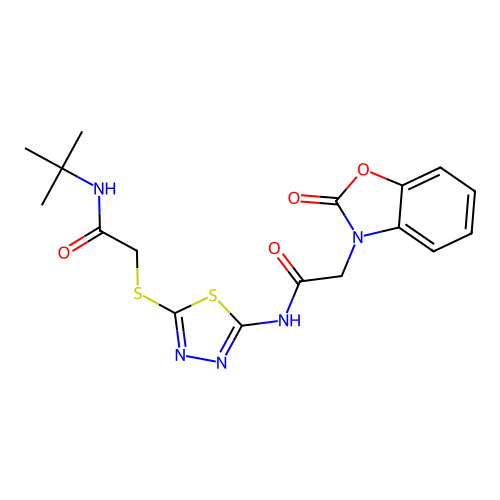 N-(5-{[2-(tert-butylamino)-2-oxoethyl]sulfanyl}-1,3,4-thiadiazol-2-yl)-2-(2-oxo-1,3-benzoxazol-3(2H)-yl)acetamide structure