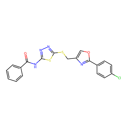 N-[5-({[2-(4-chlorophenyl)-1,3-oxazol-4-yl]methyl}sulfanyl)-1,3,4-thiadiazol-2-yl]benzamide structure