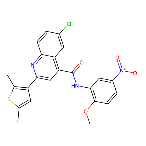 6-chloro-2-(2,5-dimethylthiophen-3-yl)-N-(2-methoxy-5-nitrophenyl)quinoline-4-carboxamide structure