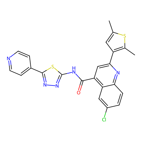 6-chloro-2-(2,5-dimethylthiophen-3-yl)-N-(5-pyridin-4-yl-1,3,4-thiadiazol-2-yl)quinoline-4-carboxamide structure