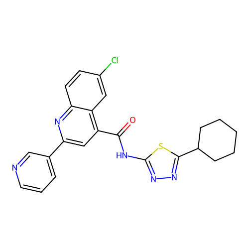 6-chloro-N-(5-cyclohexyl-1,3,4-thiadiazol-2-yl)-2-pyridin-3-ylquinoline-4-carboxamide structure