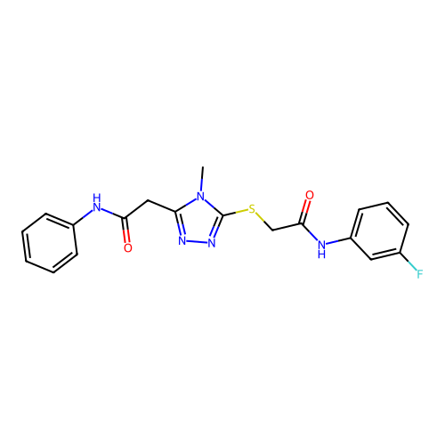 2-[5-({2-[(3-fluorophenyl)amino]-2-oxoethyl}sulfanyl)-4-methyl-4H-1,2,4-triazol-3-yl]-N-phenylacetamide structure