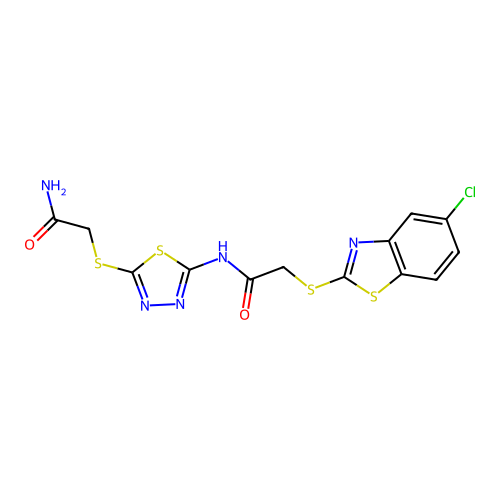 2-[[5-[[2-[(5-chloro-1,3-benzothiazol-2-yl)sulfanyl]acetyl]amino]-1,3,4-thiadiazol-2-yl]sulfanyl]acetamide structure