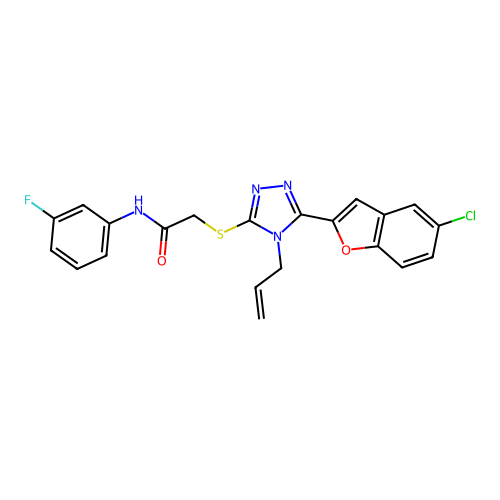 2-[[5-(5-chloro-1-benzofuran-2-yl)-4-prop-2-enyl-1,2,4-triazol-3-yl]sulfanyl]-N-(3-fluorophenyl)acetamide structure