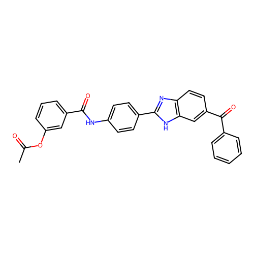 3-({4-[5-(phenylcarbonyl)-1H-benzimidazol-2-yl]phenyl}carbamoyl)phenyl acetate structure