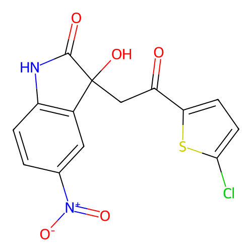 3-[2-(5-chlorothiophen-2-yl)-2-oxoethyl]-3-hydroxy-5-nitro-1H-indol-2-one structure