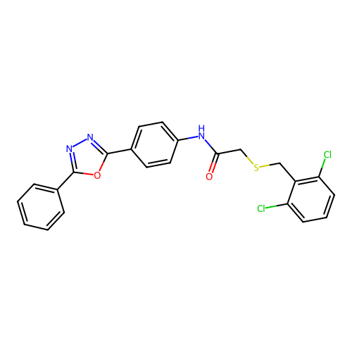 2-[(2,6-dichlorophenyl)methylsulfanyl]-N-[4-(5-phenyl-1,3,4-oxadiazol-2-yl)phenyl]acetamide structure