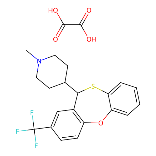 2-Trifluoromethyl-11-(1-methyl-4-piperidyl)-11H-dibenz(b,f)-1,4-oxathiepin oxalate hydrate structure
