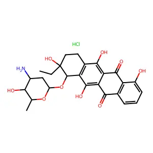 5,12-Naphthacenedione, 8-ethyl-7,8,9,10-tetrahydro-1,6,8,11-tetrahydroxy-7-((2,3,6-trideoxy-3-(dimethylamino)-alpha-L-lyxo-hexopyranosyl)oxy)-, hydrochloride, (7R-trans)- structure