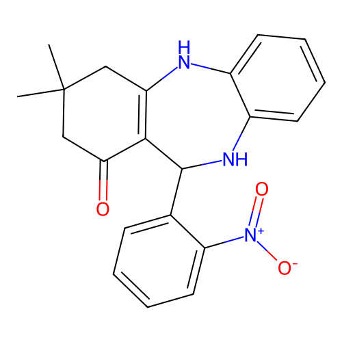 14,14-dimethyl-10-(2-nitrophenyl)-2,9-diazatricyclo[9.4.0.0^{3,8}]pentadeca-1(11),3,5,7-tetraen-12-one structure
