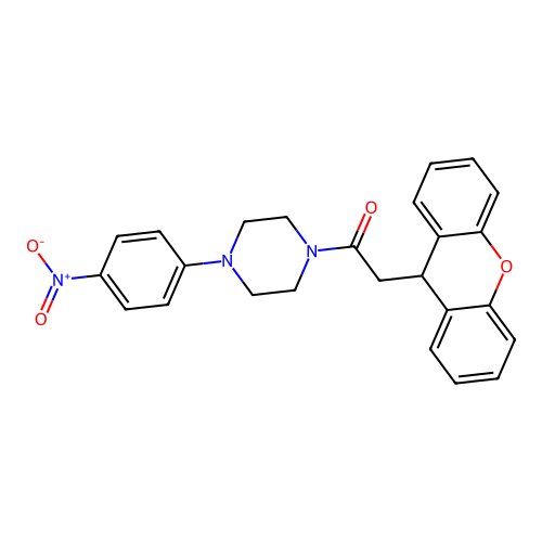 1-[4-(4-nitrophenyl)piperazin-1-yl]-2-(9H-xanthen-9-yl)ethanone structure