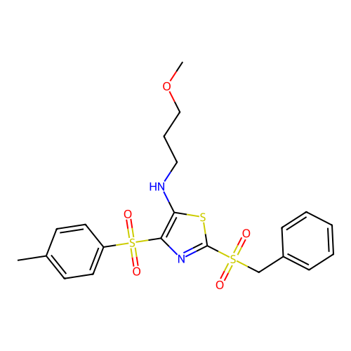 2-(benzylsulfonyl)-N-(3-methoxypropyl)-4-tosylthiazol-5-amine structure