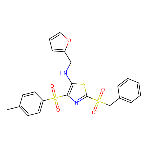 2-(benzylsulfonyl)-N-(furan-2-ylmethyl)-4-tosylthiazol-5-amine structure