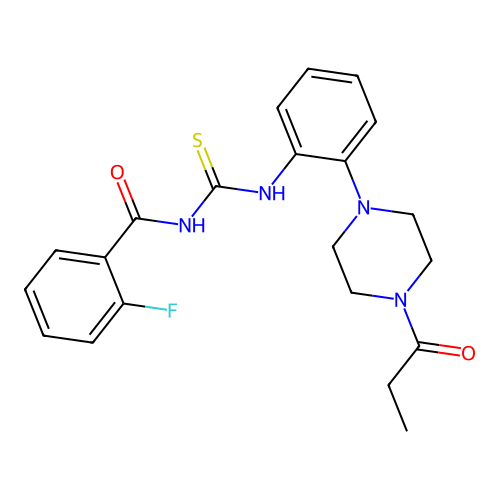 2-fluoro-N-[[2-(4-propanoylpiperazin-1-yl)phenyl]carbamothioyl]benzamide structure