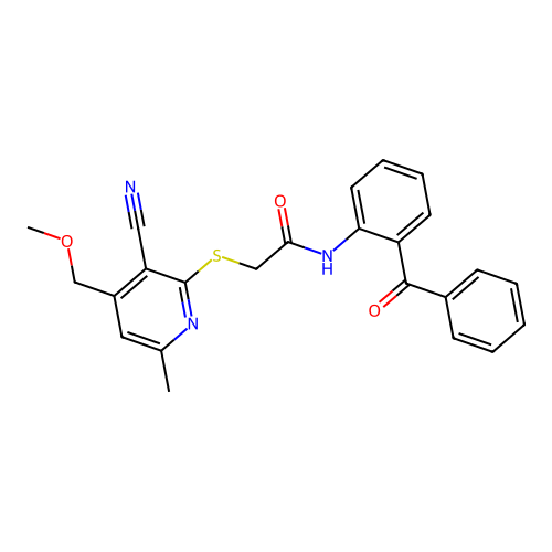 N-(2-benzoylphenyl)-2-[3-cyano-4-(methoxymethyl)-6-methylpyridin-2-yl]sulfanylacetamide structure
