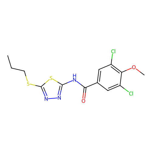 3,5-dichloro-4-methoxy-N-[5-(propylsulfanyl)-1,3,4-thiadiazol-2-yl]benzamide structure