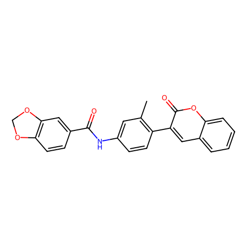 N-[3-methyl-4-(2-oxochromen-3-yl)phenyl]-1,3-benzodioxole-5-carboxamide structure