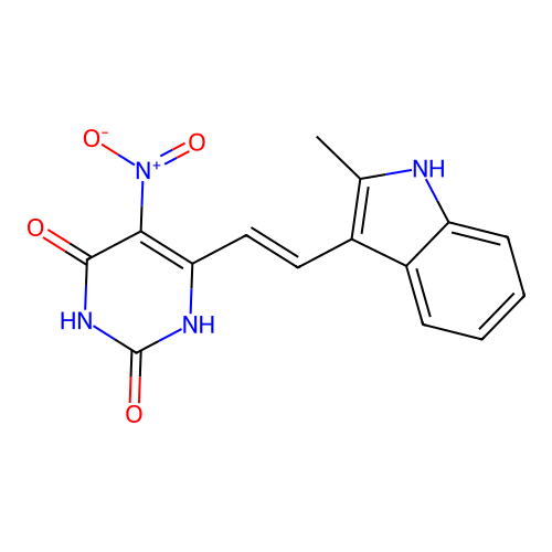 (E)-6-(2-(2-methyl-1H-indol-3-yl)vinyl)-5-nitropyrimidine-2,4(1H,3H)-dione structure