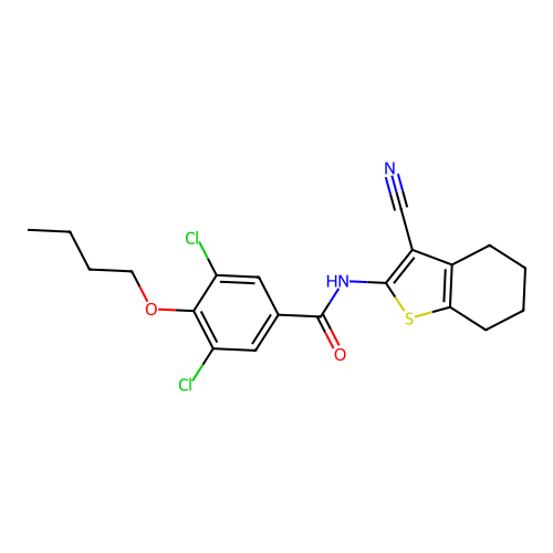 4-butoxy-3,5-dichloro-N-(3-cyano-4,5,6,7-tetrahydro-1-benzothiophen-2-yl)benzamide structure