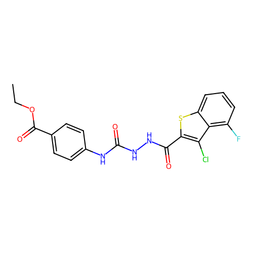 ethyl 4-(2-(3-chloro-4-fluorobenzo[b]thiophene-2-carbonyl)hydrazinecarboxamido)benzoate structure