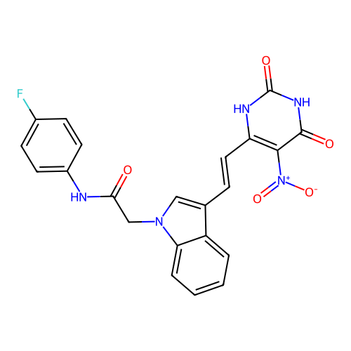(E)-N-(4-fluorophenyl)-2-(3-(2-(5-nitro-2,6-dioxo-1,2,3,6-tetrahydropyrimidin-4-yl)vinyl)-1H-indol-1-yl)acetamide structure