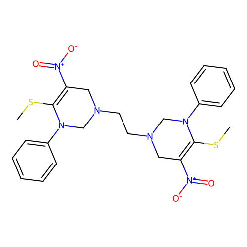 1,2-bis(4-(methylthio)-5-nitro-3-phenyl-3,6-dihydropyrimidin-1(2H)-yl)ethane structure