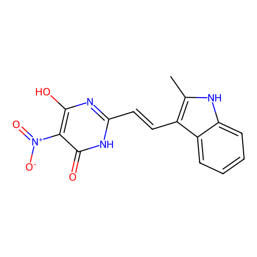 (E)-6-hydroxy-2-(2-(2-methyl-1H-indol-3-yl)vinyl)-5-nitropyrimidin-4(3H)-one structure