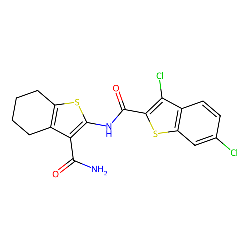N-(3-carbamoyl-4,5,6,7-tetrahydro-1-benzothiophen-2-yl)-3,6-dichloro-1-benzothiophene-2-carboxamide structure