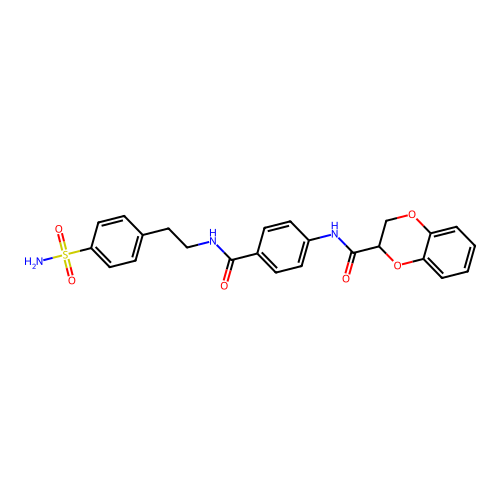 N-[4-[2-(4-sulfamoylphenyl)ethylcarbamoyl]phenyl]-2,3-dihydro-1,4-benzodioxine-3-carboxamide structure