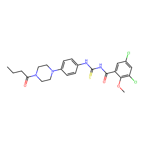 N-[[4-(4-butanoylpiperazin-1-yl)phenyl]carbamothioyl]-3,5-dichloro-2-methoxybenzamide structure