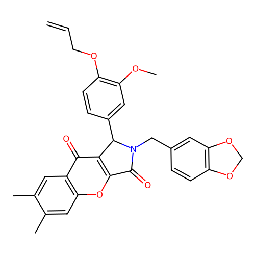 2-(1,3-benzodioxol-5-ylmethyl)-1-(3-methoxy-4-prop-2-enoxyphenyl)-6,7-dimethyl-1H-chromeno[2,3-c]pyrrole-3,9-dione structure